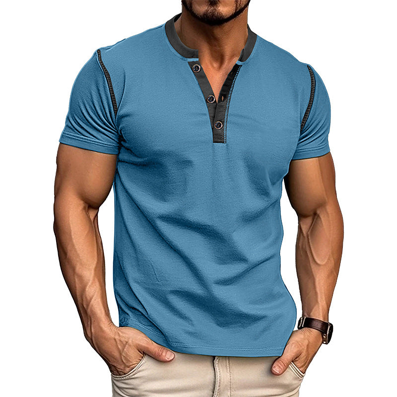 Men's Short-Sleeved Polo Shirt Summer Button V-Neck Top - Image 9