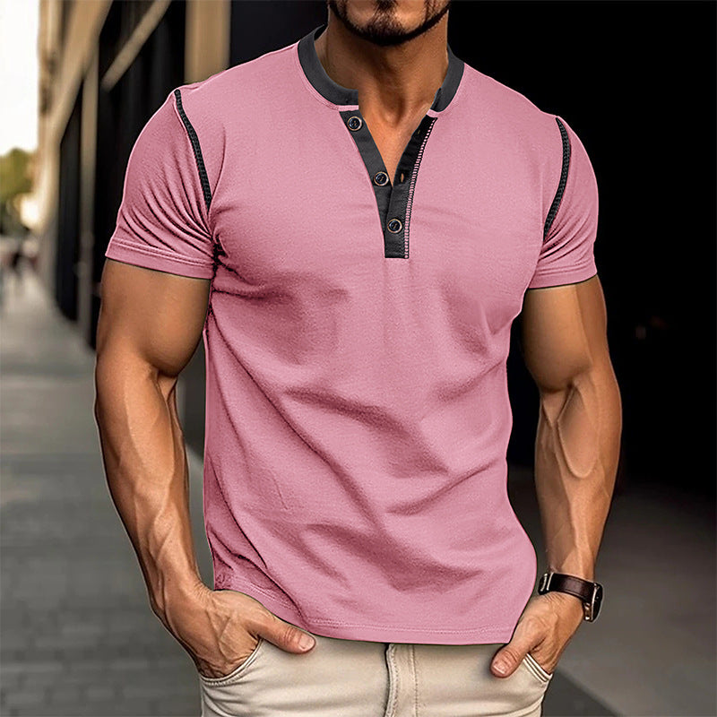 Men's Short-Sleeved Polo Shirt Summer Button V-Neck Top - Image 21