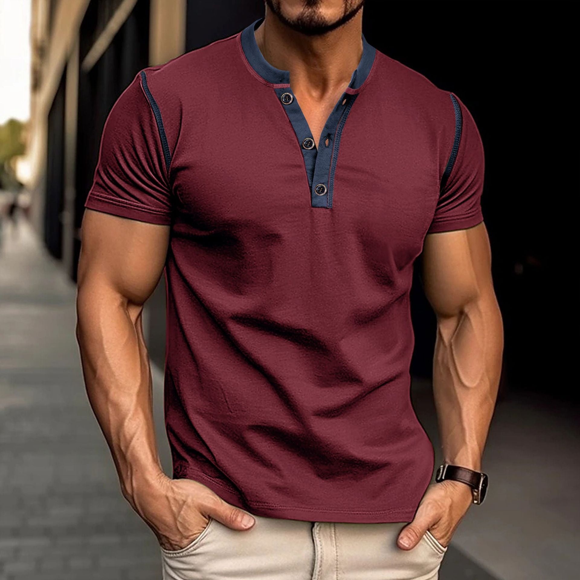Men's Short-Sleeved Polo Shirt Summer Button V-Neck Top - Image 24